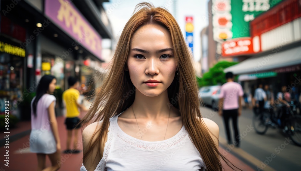 A fictional person. Young asian woman at street. Generative AI A fictional person. Young asian woman at street. Generative AI