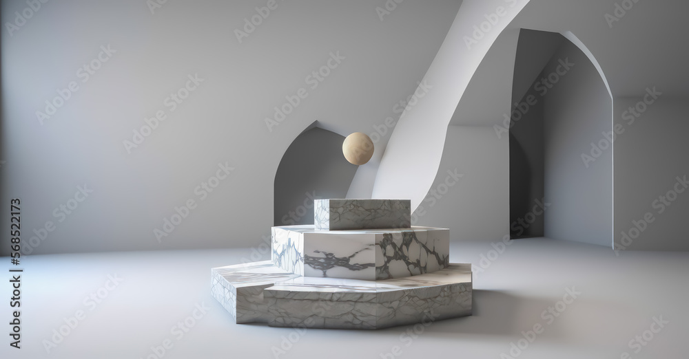 white marble pedestal steps in center with abstract or unorganized layout on white background. minimalistic abstract background concept for product placement. Minimal fashion mockup.generative ai white marble pedestal steps in center with abstract or unorganized layout on white background. minimalistic abstract background concept for product placement. Minimal fashion mockup.generative ai