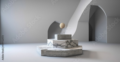 white marble pedestal steps in center with abstract or unorganized layout on white background.  minimalistic abstract background concept for product placement. Minimal fashion mockup.generative ai