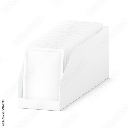 Open pos display box with pouch bags mockup. Vector illustration isolated on white background. Easy to use for your product. EPS10.	