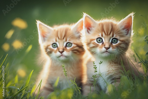 two curious kittens in the grass. Generative AI