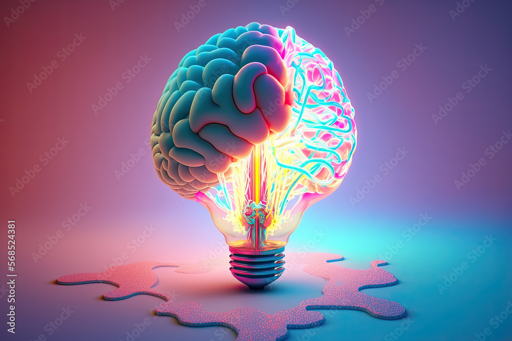 Light bulb and half a brain on trendy background. Creating idea. Knowledge  concept. Generative AI Stock Illustration | Adobe Stock