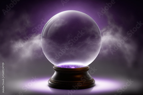 Empty crystal ball for future prediction with smoke on dark background. Witch sphere for reading fate. Generative AI photo