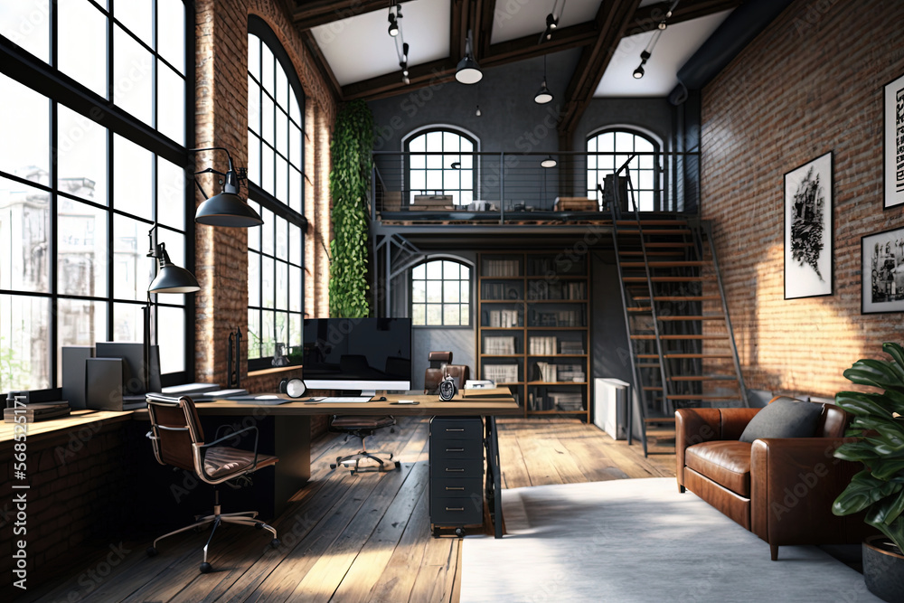 Modern office interior in industrial loft style. Workspace with computer. Generative AI