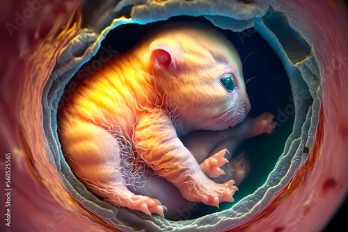 Embryo pregnant cat inside, kitten growth before birth. Generative AI technology.