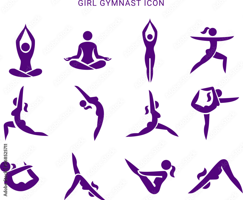 yoga silhouettes set, Girl gymnast icon set