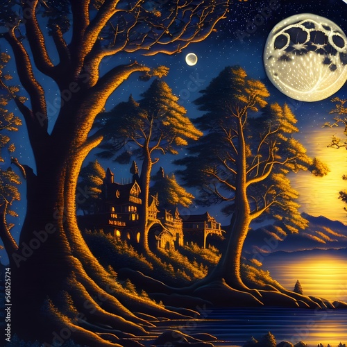 Fantasy Night Landscape with Trees, Generative AI Illustration