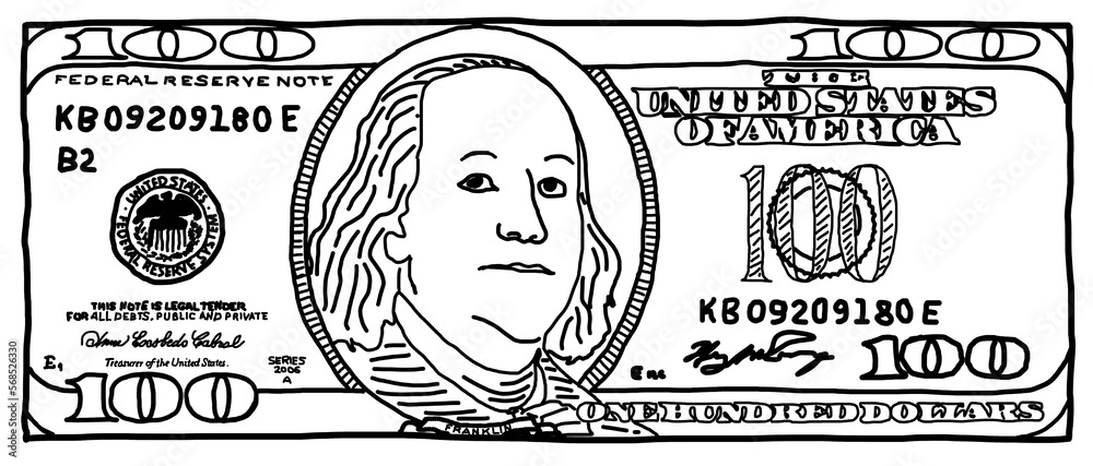 Cartoon hand drawn 100 dollar banknote Stock Illustration | Adobe Stock
