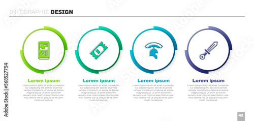 Set Portable video game console, Cinema ticket, Roman army helmet and Medieval sword. Business infographic template. Vector