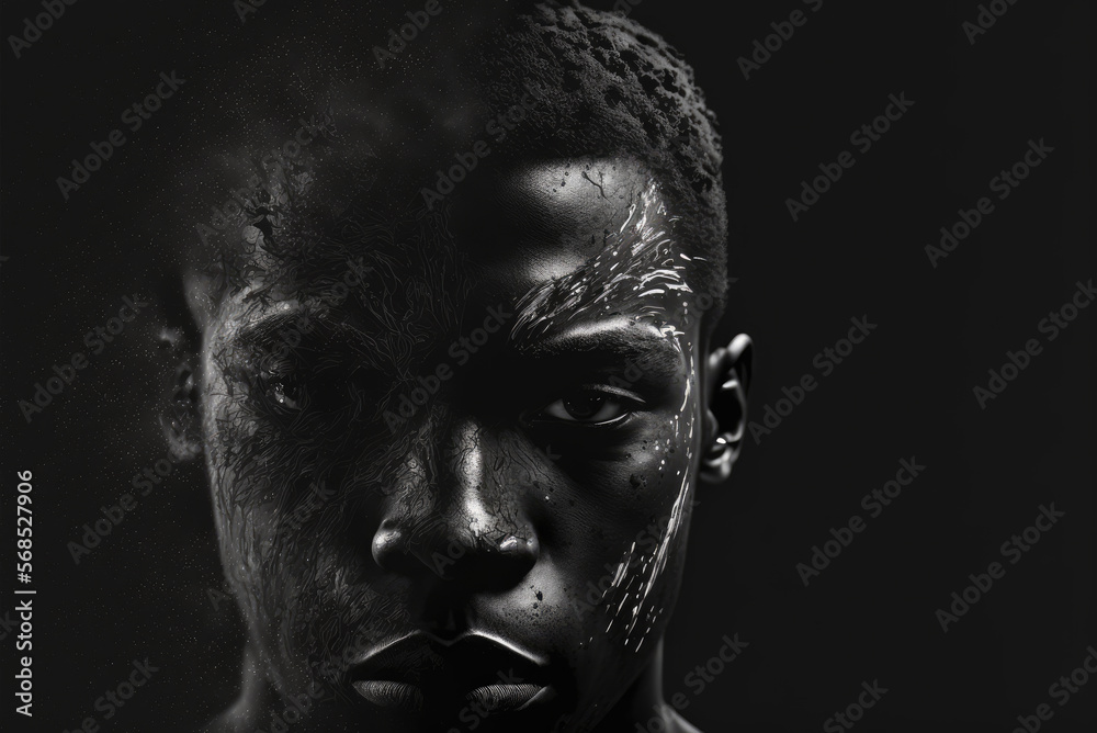 A portrait of a black man on a black background. Half of his face is in focus, while the other half is blending into the background. Created with Generative AI, no one recognisable. Not a real person.