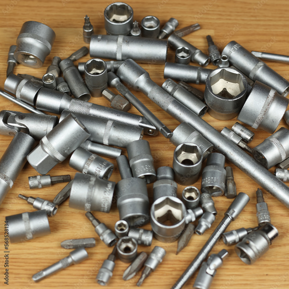 A set of tools, stainless keys. Service station, car service. A large selection of tools for various jobs A set of tools, stainless keys. Service station, car service. A large selection of tools for various jobs