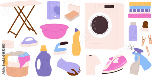 Laundry elements collection, washer, wash powder in box and cleaning spray. Paper towel and soap, dirty clothes basket. Cartoon house clean racy vector clipart