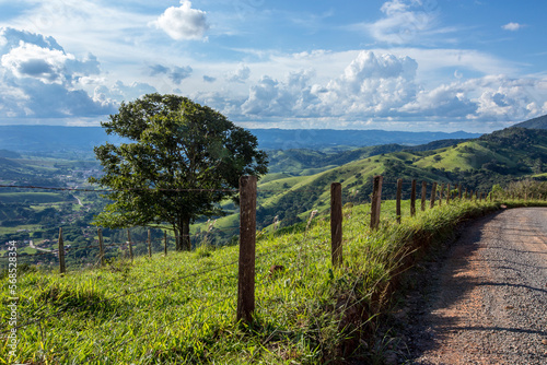 Fence and tree in the foreground with blue sky and hill in the background. Green mountains of Serra da Mantiqueira in the state of Minas Gerais, Brazil