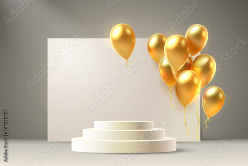 balloon golden podium present, celebrate happy birthday, gold platform banner. Vector