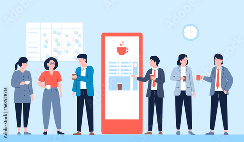 People drink coffee from vending machine. Office person business lunch, creative team on break. Flat woman man drinking hot beverages, vector scene