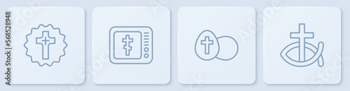 Set line Christian cross, Easter egg, Online church pastor preaching and fish. White square button. Vector