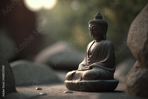 Meditating Bhudda Statue. Zen  calm serene Thai sculpture. Generative Ai