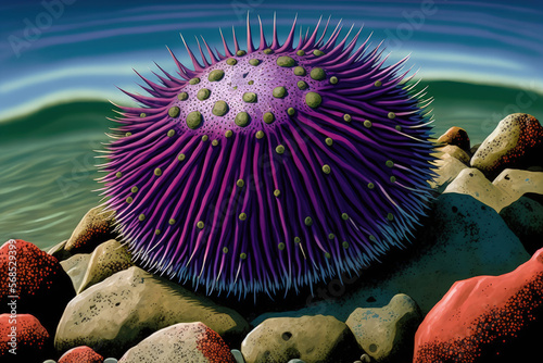 Strongylocentrotus purpuratus, a purple sea urchin, is found in the rocky intertidal zone along the eastern Pacific Ocean coast from Mexico to Canada. Generative AI photo