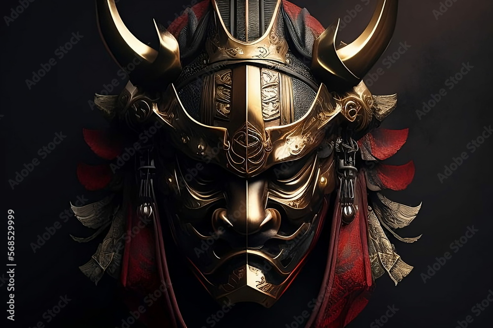 Golden oni mask created with Generative AI technology Stock