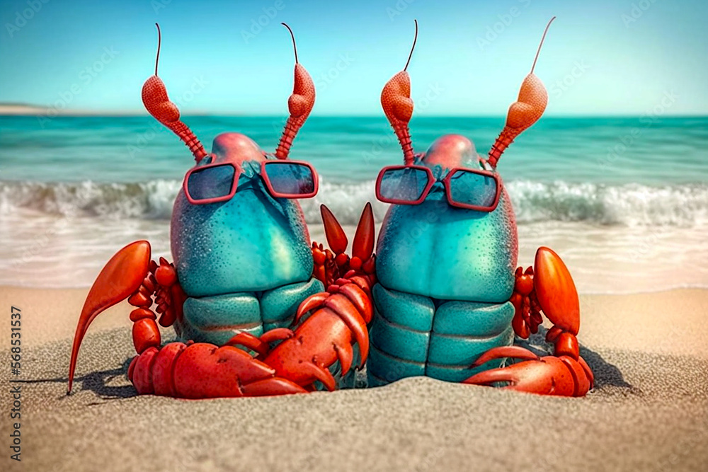 Lobster love. Lovely lobsters on the beach. An anthropomorphic lobsters