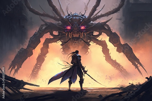 A futuristic samurai warrior battling with a giant mechanical spider, digital art style, illustration painting generative ai