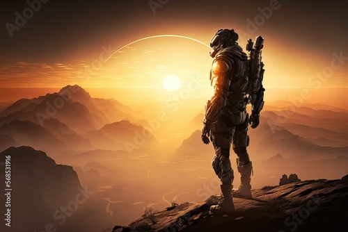 A futuristic soldier with a high-tech gun, standing on a cliff, with the setting sun and the vast wilderness in the background generative ai © 3D Station