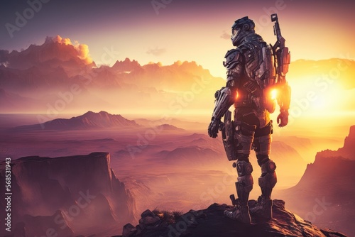 A futuristic soldier with a high-tech gun, standing on a cliff, with the setting sun and the vast wilderness in the background generative ai