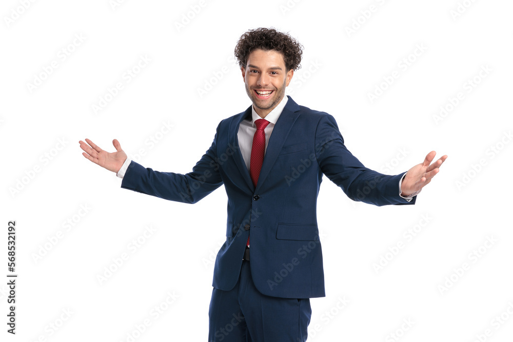 proud young man in elegant suit opening arms and welcoming proud young man in elegant suit opening arms and welcoming