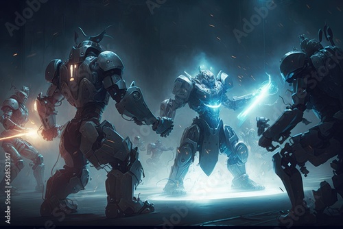 A group of cyborgs and robots fighting in a futuristic arena, with flashing lights and intense action generative ai © 3D Station