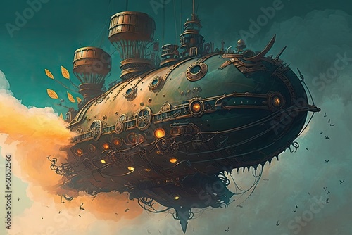 Vászonkép A steampunk airship with gears and smoke, digital art style, illustration painti