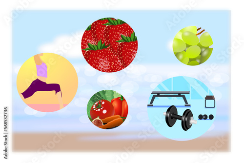 Gym equipment, fitness girl, fruits and vegetables on defocused sea background. Healthy life. Wellness and health. Vector illustration.