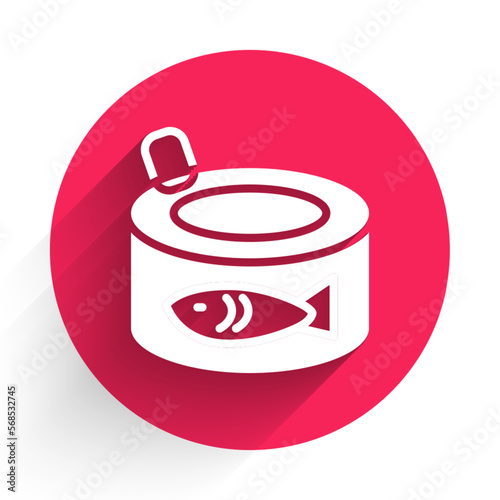 White Canned fish icon isolated with long shadow. Red circle button. Vector