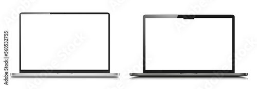 Two laptops with white screens. A set of realistic laptop layouts in a silver thin metal case with reflection. Vector illustration.