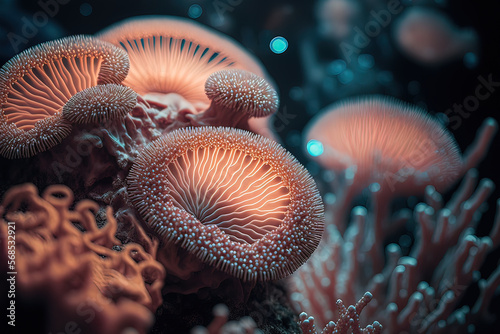 Realistic illustration of bioluminescent corals, sea anemones. Fantastic, amazing creatures of the underwater world. Beautiful background. Gen Art