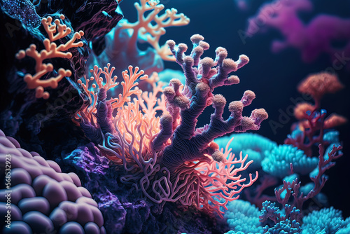 Bioluminescent corals  sea anemones. Fantastic  amazing creatures of the underwater world. Beautiful background. Gen art