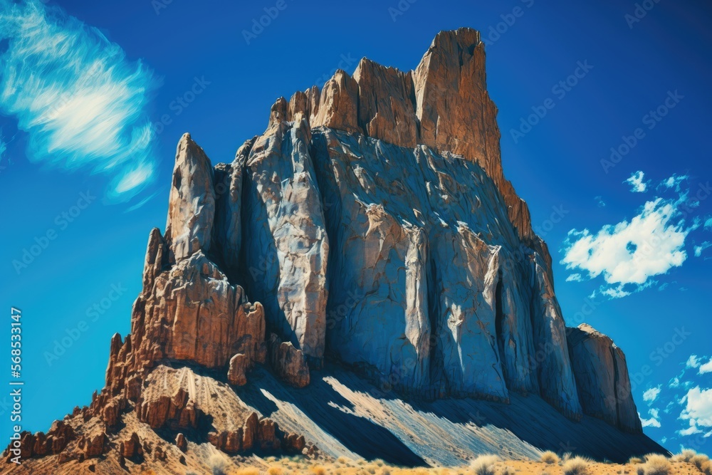 Majestic and imposing cliff face, rising tall and proud against a clear blue sky generative ai