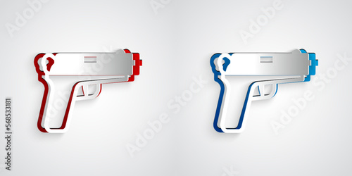 Paper cut Pistol or gun icon isolated on grey background. Police or military handgun. Small firearm. Paper art style. Vector
