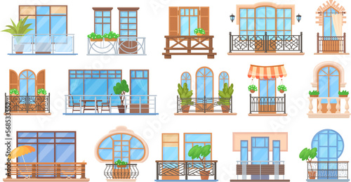 House facade balconies. Cartoon balcony with window apartment building, old wooden railing vintage europe architecture or contemporary exterior balustrade, neat vector illustration