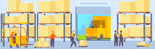Workers inside warehouse. People work in hangar stockroom, storehouse staff forklift loading cargo container safety storage parcel