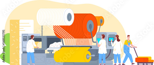 Workers textile manufacturing. Industrial fabrics manufacturer, big factory machine fabric production industry garment fabrication weave cotton thread, splendid vector illustration