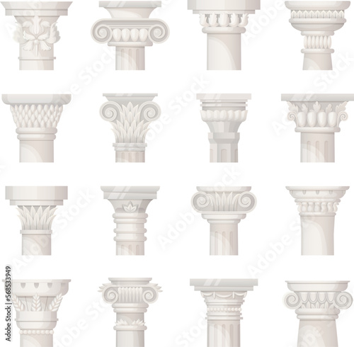 Top of column. Corinthian doric greek rome capital pillars, columns of indian temple or antique castle classic architecture marble pillars railing set ingenious vector illustration