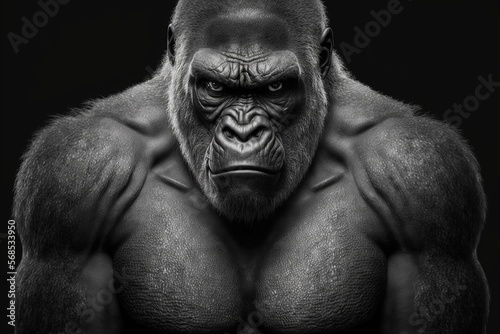 Portrait face powerful dominant male gorilla on black background, Beautiful Portrait of a Gorilla. severe silverback, anthropoid ape, stern face. isolated black background,Generative AI  © dhiyaeddine