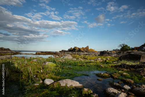 Colorful shot of a rocky stone formation and little sea ponds on the baltic sea in Allinge on Bornholm