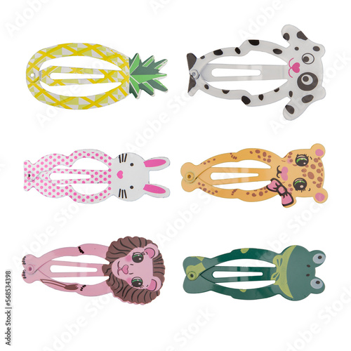 Set of children's hairpins in the form of different animals on a white background