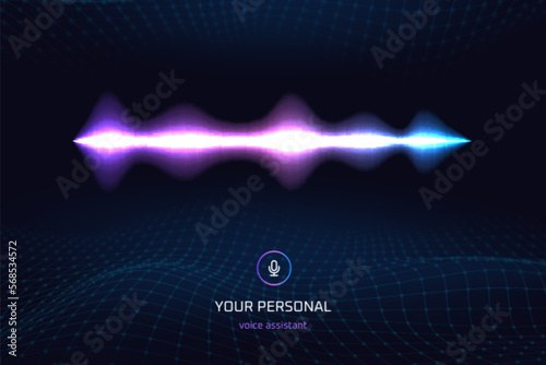 Voice recognition. Ai assistant hear speech phone mic, contemporary communication technology concept, neon soundwave recording audio messages sound equaliser vector illustration