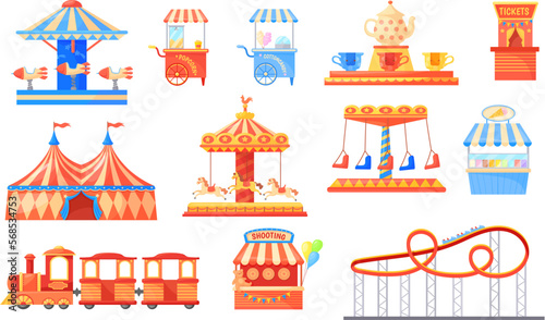 Funfair carousels. Amusement park on fairground with horse carousel, fun fair rides and roller coaster carnival circus tent, kid train fantasy playground, neat vector illustration