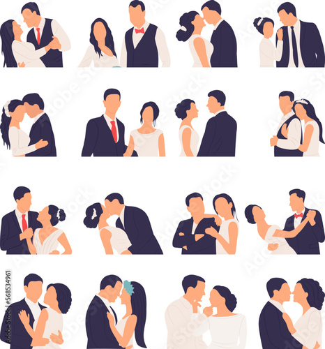 set portrait of the bride and groom in a flat style on a white background, vector