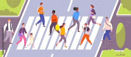 Crowd crossing road. People goes on crosswalk or path zebra, pedestrians traffic downtown city life students with smartphone safety cross road sidewalk splendid vector illustration