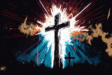 Graphic digital illustration of light beams with the Christian cross of Jesus Christ. concept painting depicting the Biblical image of atonement and sacrifice in splattered brushstrokes. Generative AI