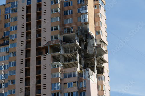 Russian missile damaged multi-storey dwelling building in Kiev city, Ukraine